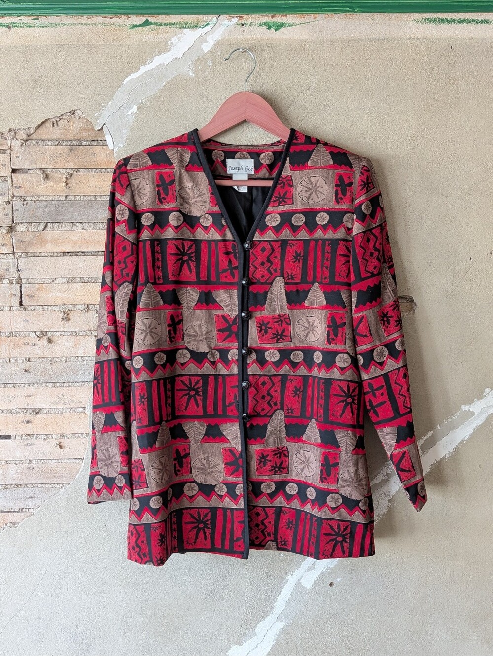 Vintage Red & Black Patterned Button-Front Women’s Blazer
